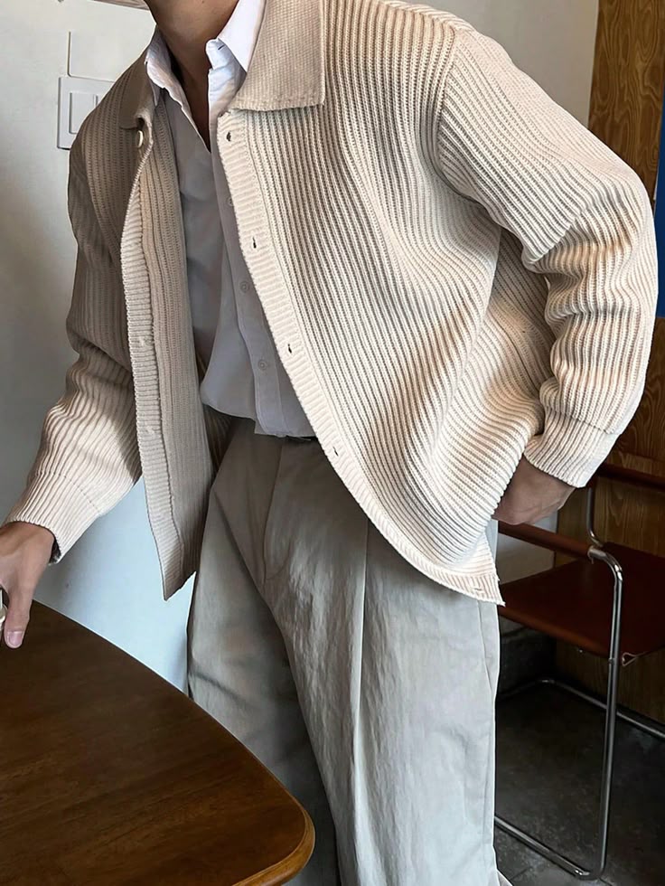 KIVI™ Men’s Luxury Ribbed Cardigan – White Button-Up
