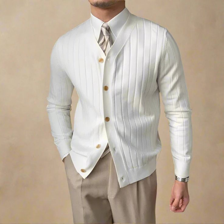 KIVI™ Men’s Luxury Ribbed Cardigan – White Button-Up