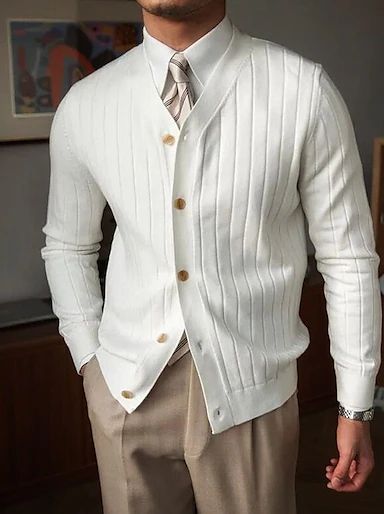 KIVI™ Men’s Luxury Ribbed Cardigan – White Button-Up