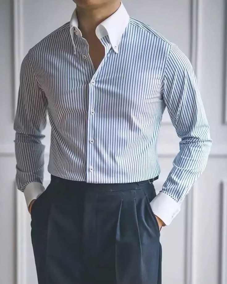 KIVI Luxury Contrast Collar Striped Shirt – White & Navy