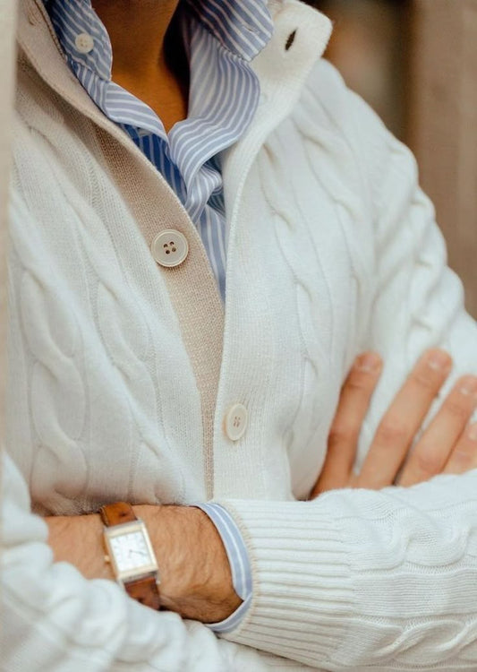 KIVI™ Men’s Luxury Ribbed Cardigan – White Button-Up