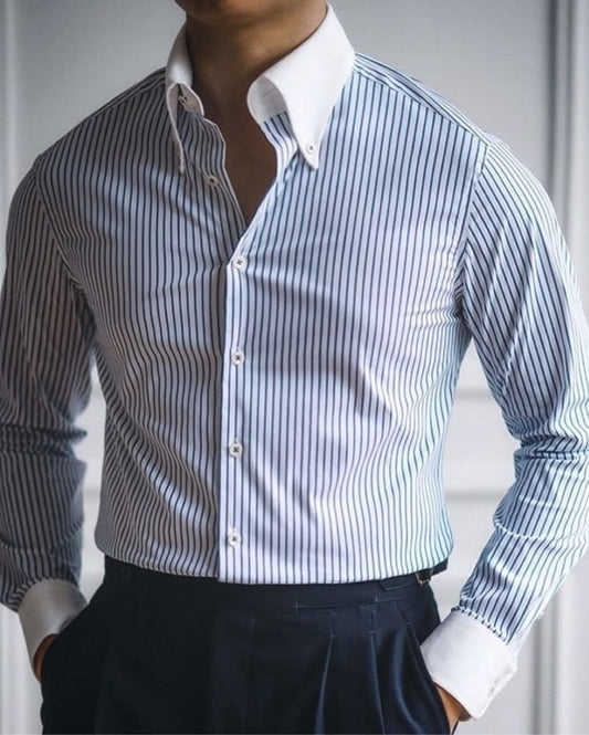KIVI Luxury Contrast Collar Striped Shirt – White & Navy